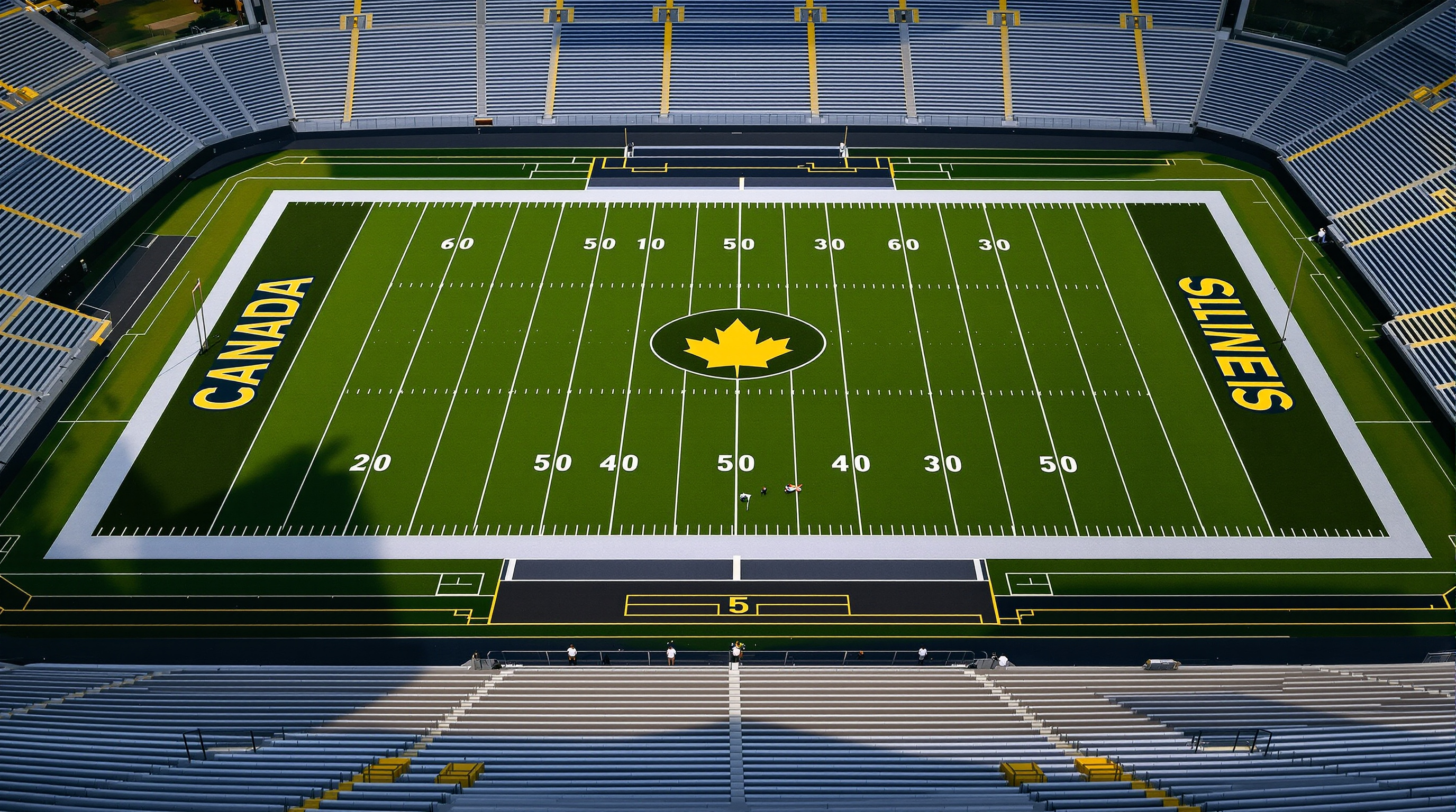 An empty Canadian football field with deep end zones seen from above