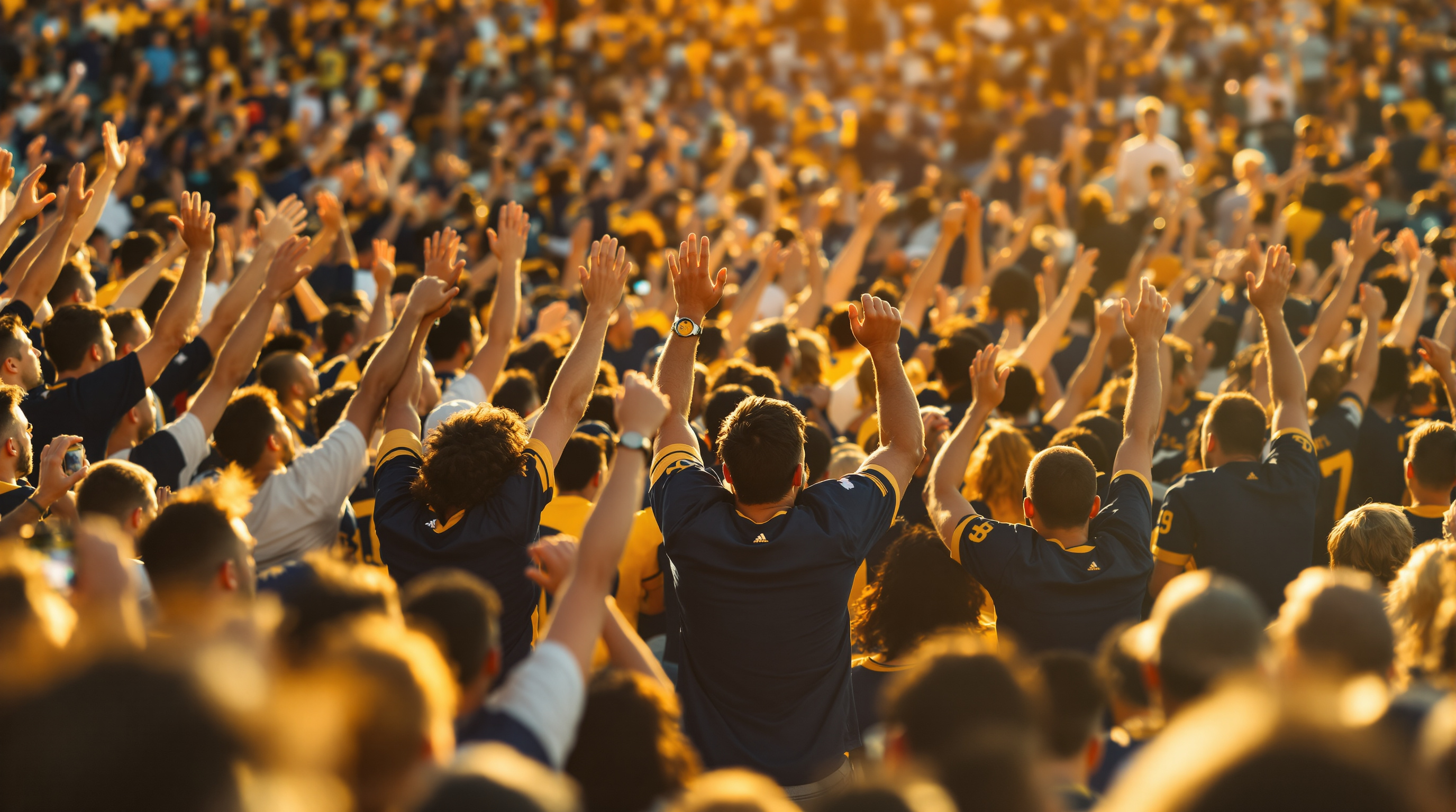 A joyful crowd of fans in blue and gold celebrating together in the stands