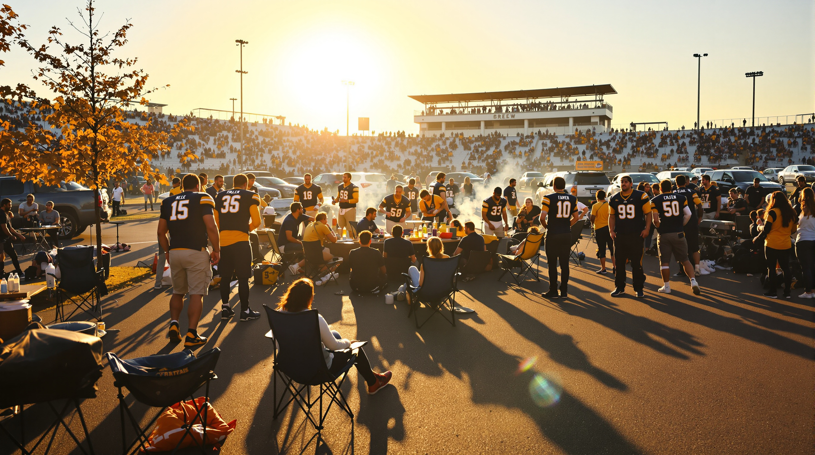 Fans gather for a tailgate party in blue and gold before a game