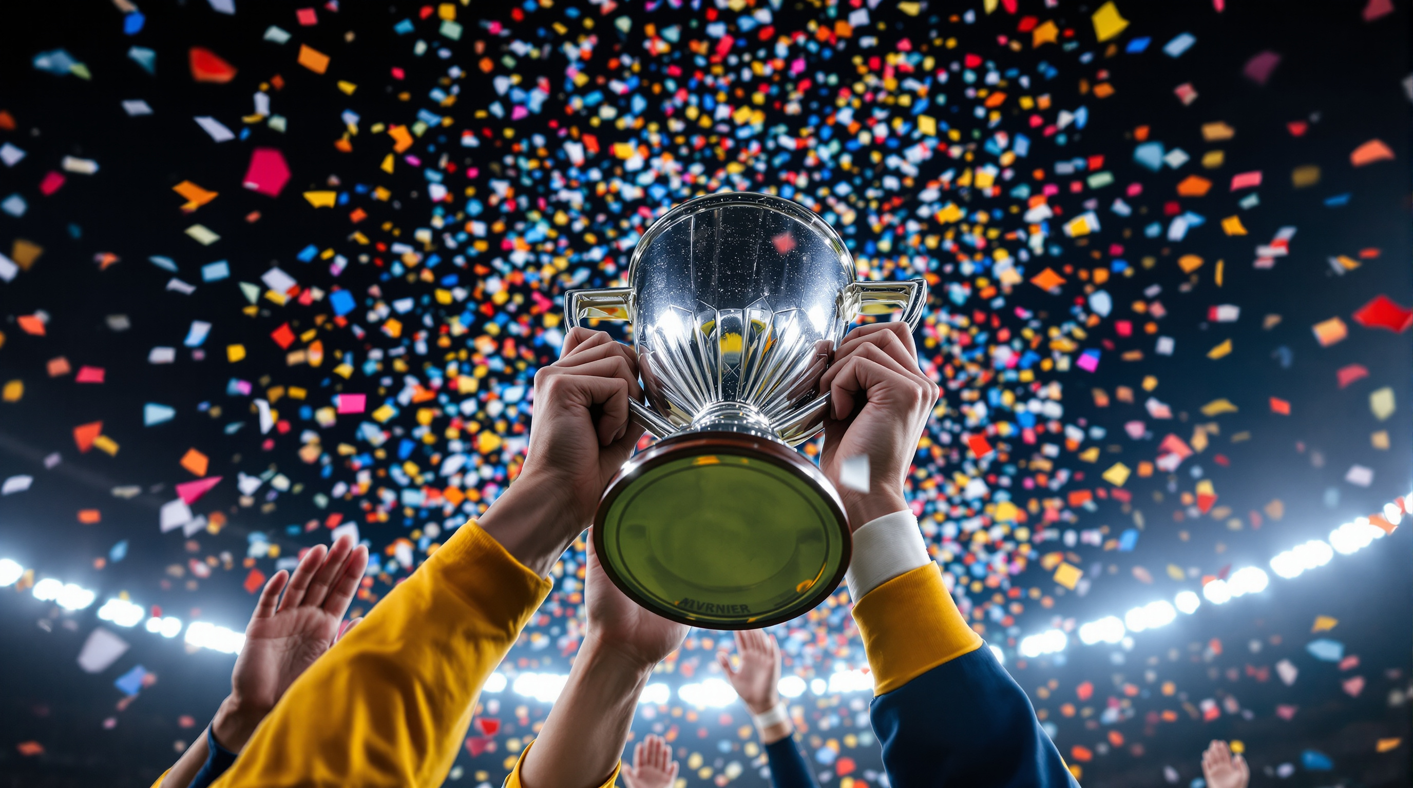 A silver championship trophy raised amid confetti and stadium lights