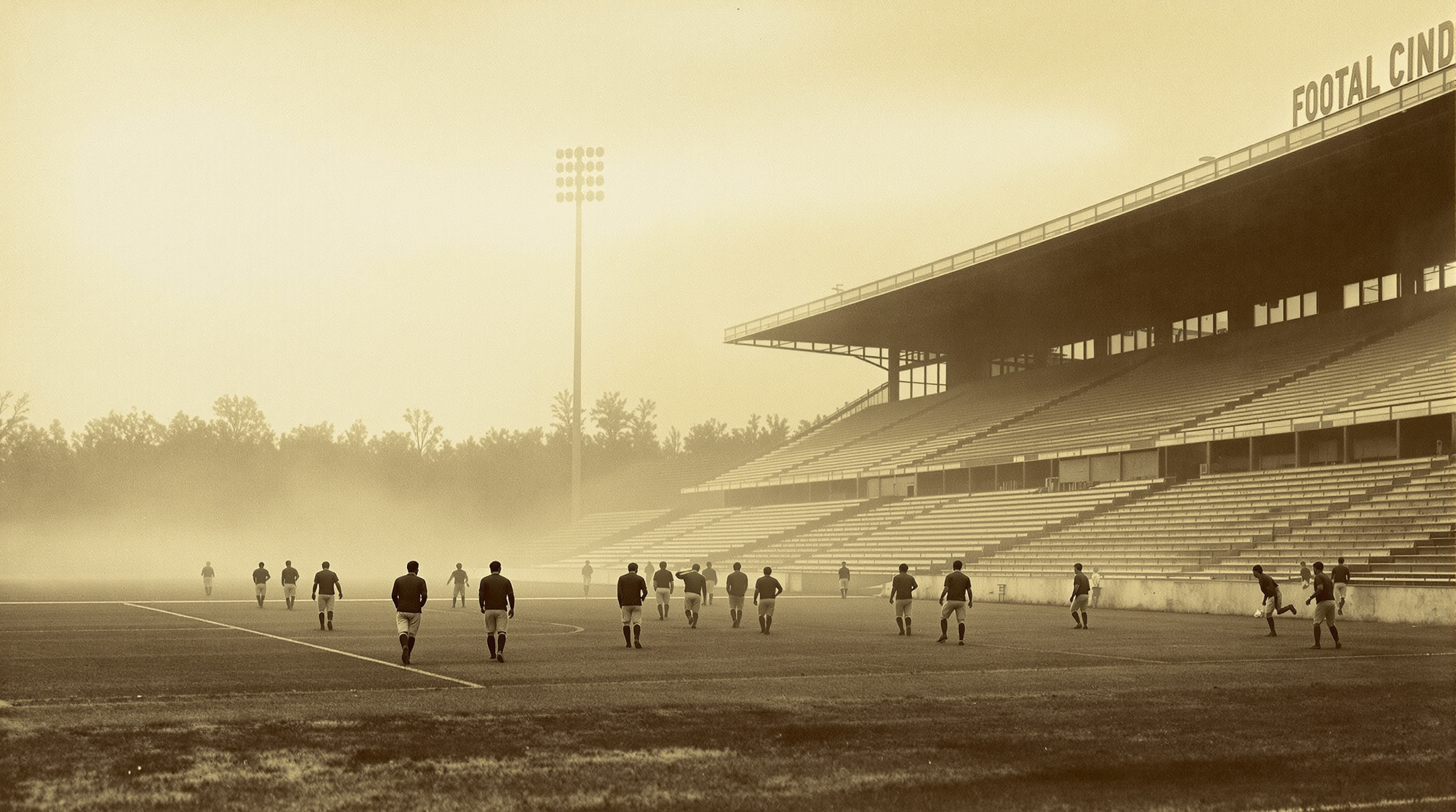Vintage prairie football stadium evoking mid-century Canadian football