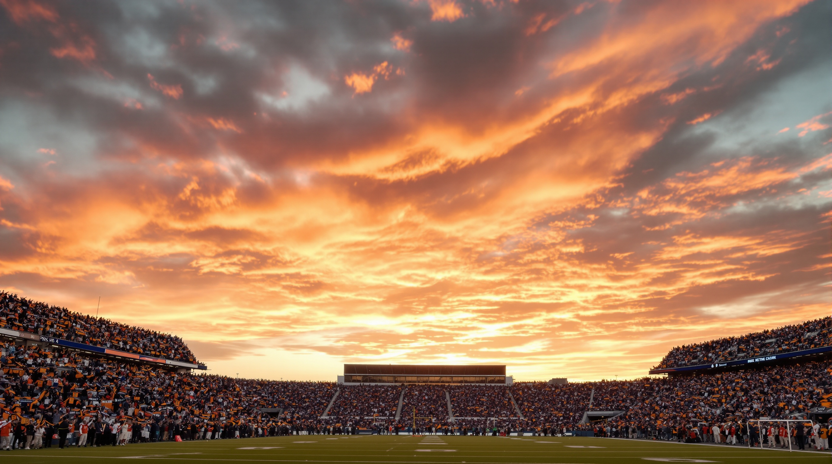 Fans in blue and gold fill a prairie football stadium at sunset