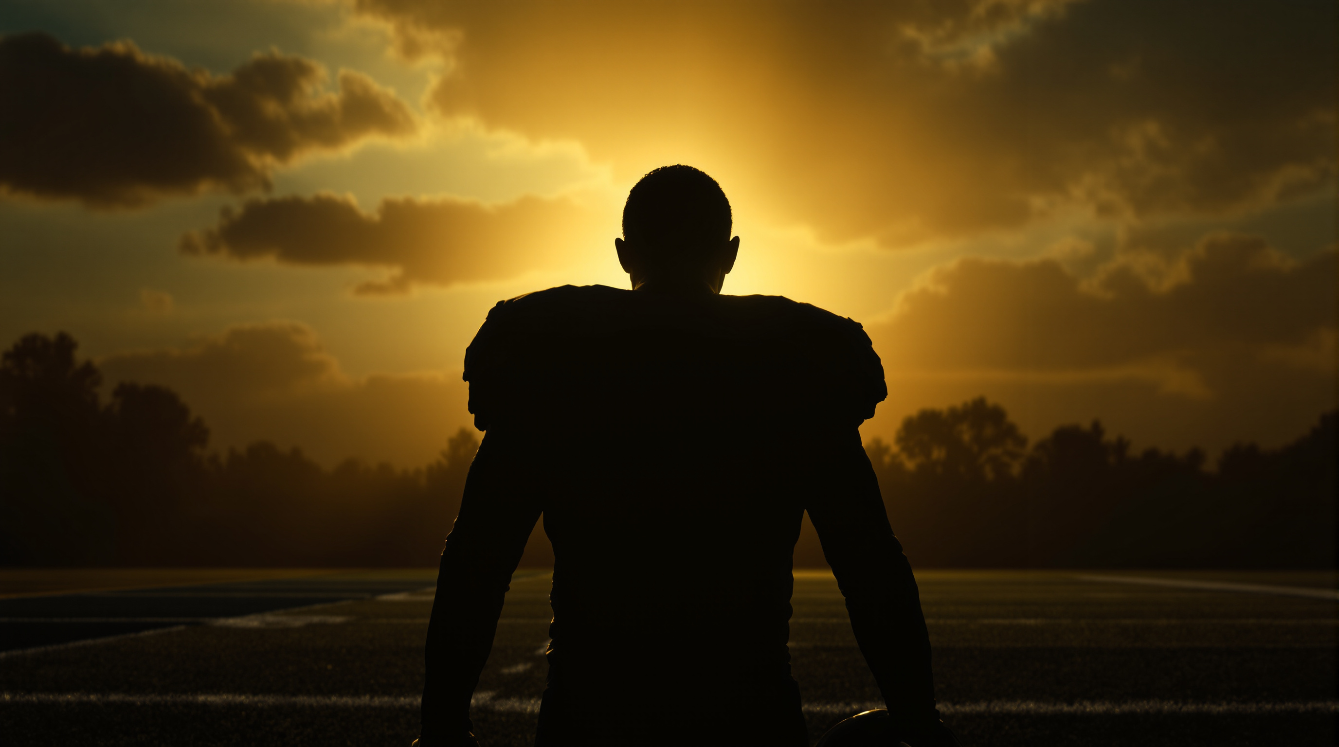 Silhouette of a football player standing on an empty field at dusk