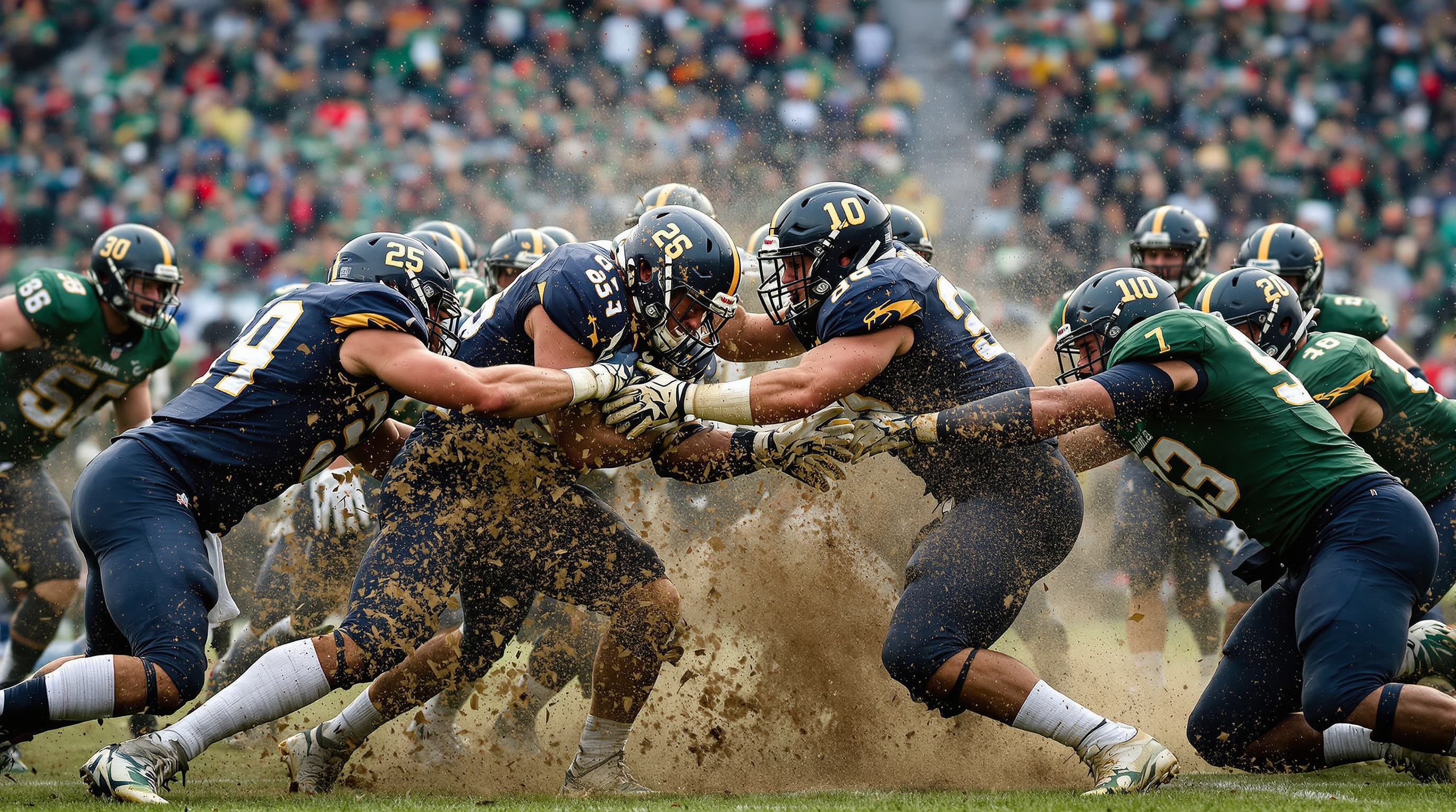 Two football teams collide at the line of scrimmage before a packed crowd