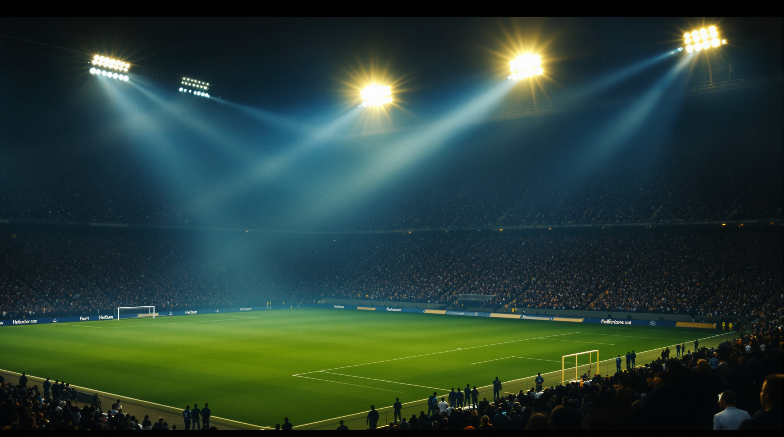 A football stadium glows under floodlights on a misty night