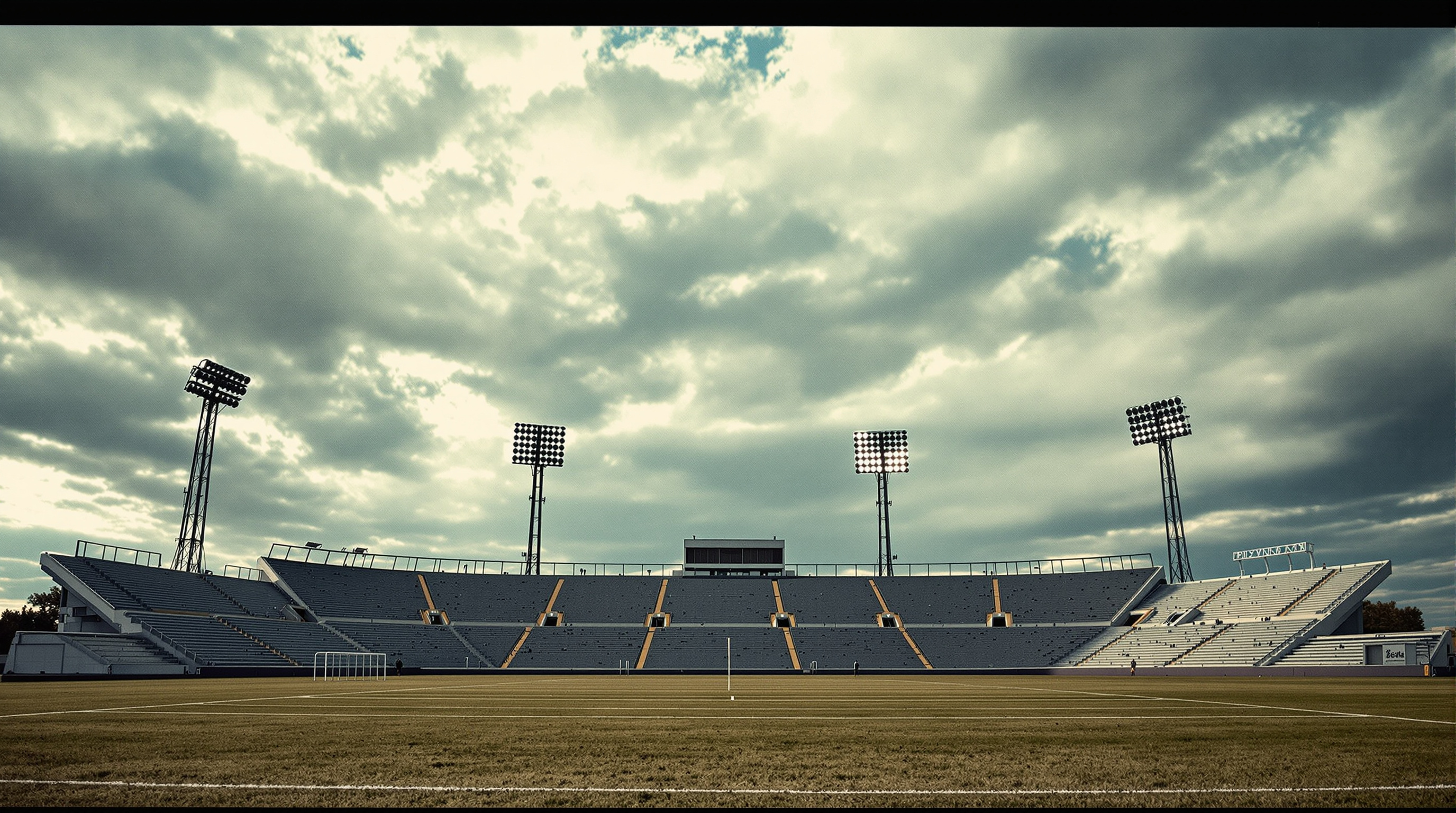 A weathered open-air prairie football stadium under a dramatic sky